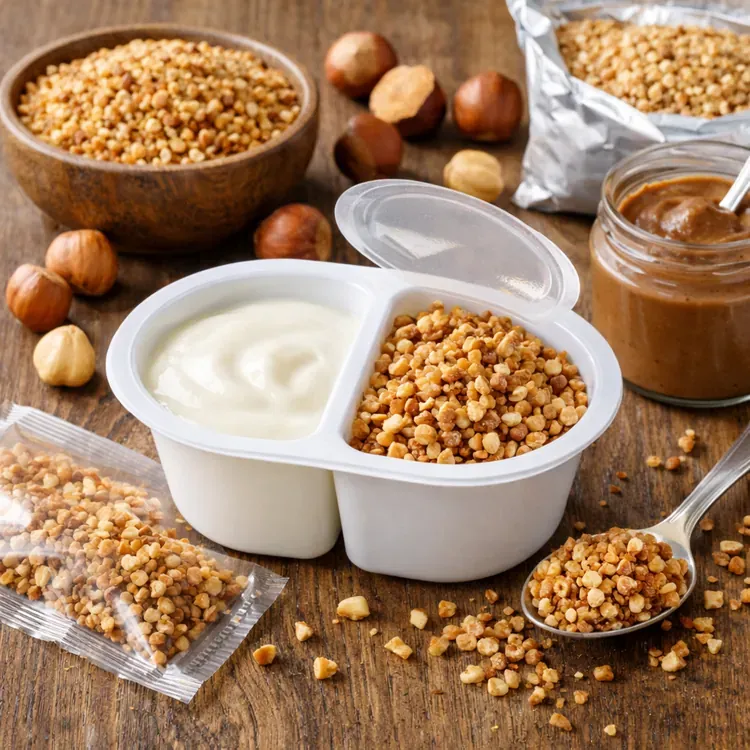 Hazelnut granules for yogurt toppers illustration